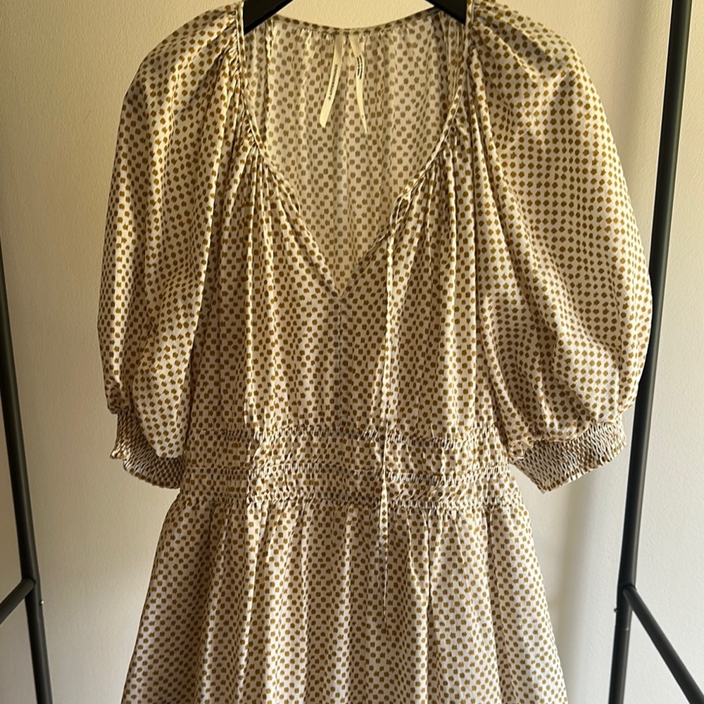 Anthropologie Somerset Elegant Cream & Brown Patterned Dress medium cotton